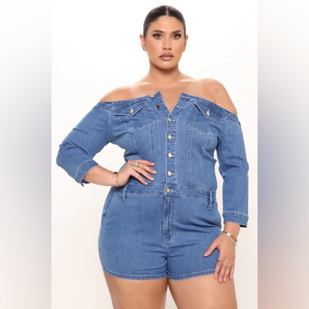 Fashion Nova Off Shoulder Denim Romper Medium Wash 3/4 Sleeve 2X